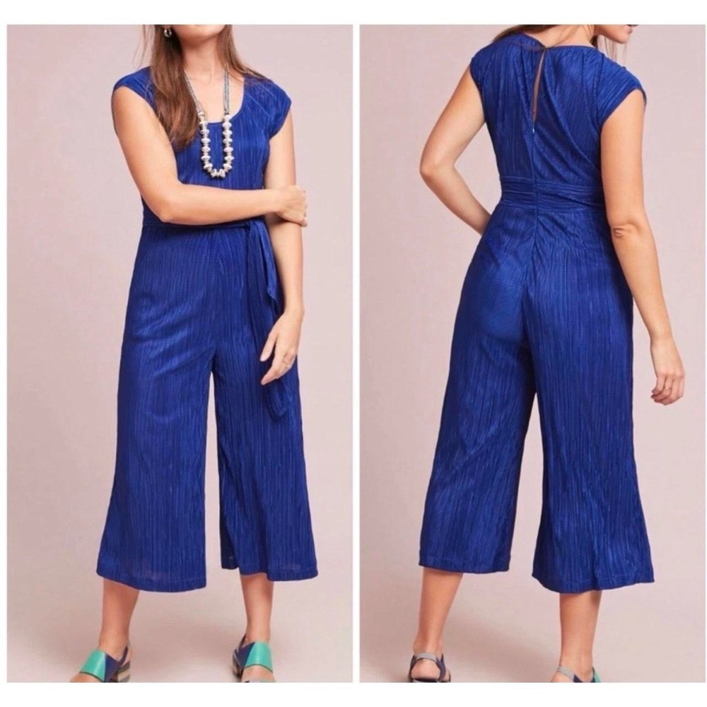 Maeve Pleated Cap-Sleeve Wide-Leg Jumpsuit in Royal Blue